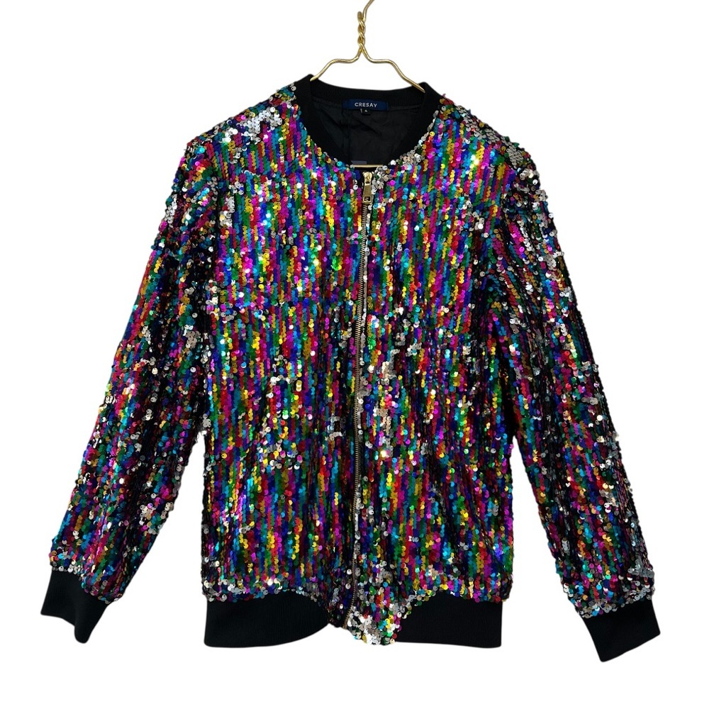Cresay Multicolor & Silver Sequin Ribbed Trim Zip Front Bomber Jacket NWT - Picture 3 of 9